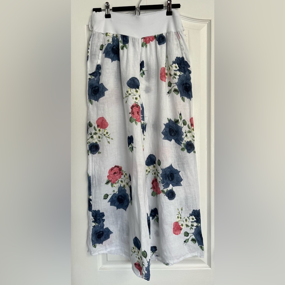 NWT 100%Linen Floral Wide-Leg Pants Made in Italy Medium to Large